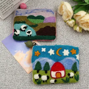 Handmade wool felt coin purse with cute sheep and landscape design, portable mini zipper pouch.