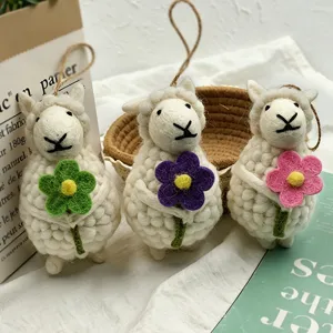 Handmade felt sheep hanging ornament with cute flower design, perfect for gift and decoration.