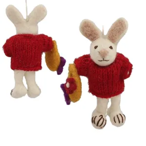 Handmade wool felt rabbit hanging ornament with red sweater cute plush bag charm gift.