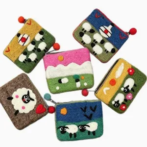 Handmade Nepal Wool Felt Coin Purse Cute Sheep Landscape Zipper Pouch Card Storage Bag