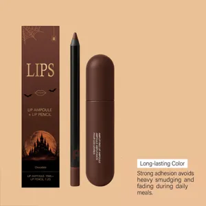 Vue détaillée du set d'ampoule à lèvres et crayon contour chocolat longue tenue.