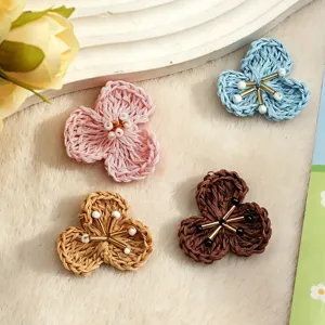 Handmade raffia straw flower charms DIY accessories cute three petal brooch floral decor.