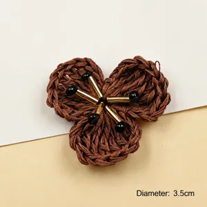 Brown straw woven flower brooch accessory DIY handmade 3-petal floral jewelry charm 3.5cm