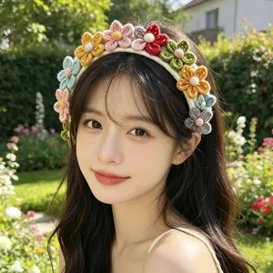 Handmade crochet flower hair hoop detail, cute multi-color floral headband for sweet daily outfits.