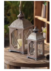 Vintage wooden candle lanterns set of two rustic home decor table centerpieces for wedding