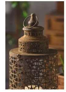 Vintage distressed iron candle holder decorative lantern with hollow out pattern and hanging ring