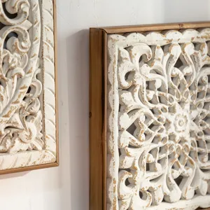 American retro carved wall hanging detail, distressed white wooden frame, elegant home decor.