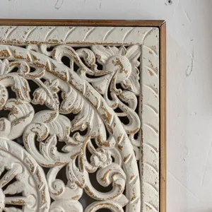 Vintage distressed carved wooden wall art panel for home entryway and cafe decor detail view