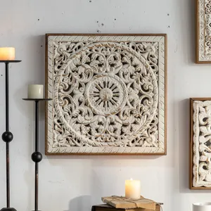 Detailed view of retro carved wooden wall plaque with distressed floral relief for vintage decor.