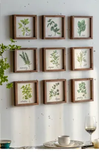 American rustic style 9-grid botanical wall art wooden framed plant specimen painting decor