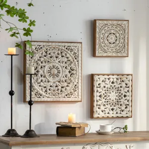 American retro carved wooden wall hanging decor set, vintage square art panels for home porch.