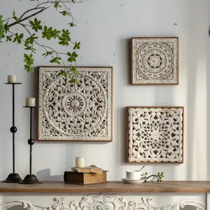 Vintage carved wooden wall hanging decor for home, cafe, and entryway wall background art.