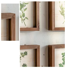 Rustic botanical wall art detail shot showing wooden frame depth and plant specimen print texture.