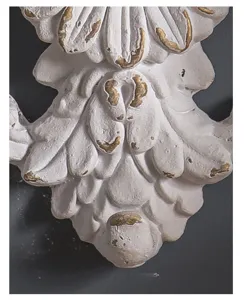 French vintage wall decor shelf relief detail, elegant floral pattern, antique white and gold.