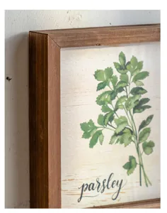 Rustic wooden framed botanical parsley wall art for home living room decor detail shot.