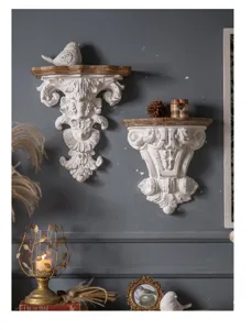 French vintage distressed wall shelf bracket, wooden tier display stand for home decor.