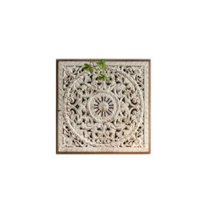 Vintage carved wooden wall hanging decor antique white floral plaque home entry background.