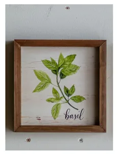 Rustic wooden framed basil watercolor botanical wall art painting for living room decor.