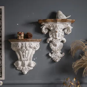 French Vintage Distressed Wall Mounted Storage Shelf Fir Wood And Magnesium Oxide Relief Hanging Display Rack For Living Room Bedroom Home Decor
