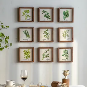 American Country Style Nine Grid Plant Specimen Wall Art Wooden Framed Botanical Painting For Living Room Decor
