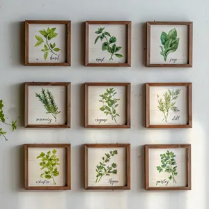 Set of 9 rustic botanical wall art prints with wooden frames, perfect living room decor.