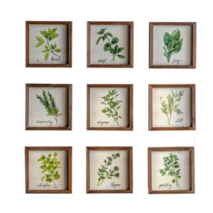 Set of 9 botanical wall art framed prints featuring herbs and rustic wooden frames for home decor.
