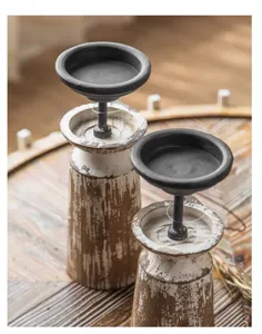 Juego de portavelas rústico vintage de madera, centro de mesa decorativo para el hogar.
