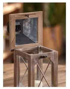 Vintage wooden candle lantern detail shot, rustic desktop decorative wind lamp for home decor.