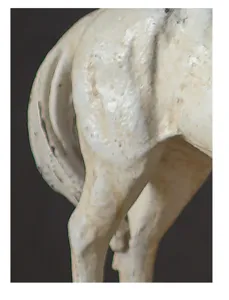 Close-up detail of white resin horse statue ornament, wabi-sabi tabletop decor texture