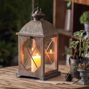 Rustic wooden candle lantern vintage style desktop decorative wind lamp for home decor