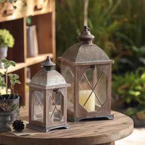 Rustic wooden candle lanterns set, decorative vintage glass and metal top wind lanterns.