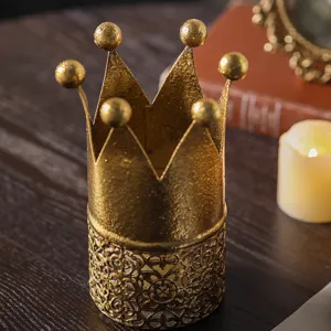 Vintage gold crown candle holder, European retro style desktop ornament for home decor.