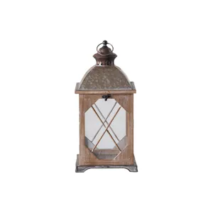 Vintage rustic wood and metal lantern candle holder for tabletop and home decor.