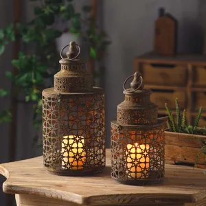 European Retro Distressed Iron Candle Holder Industrial Style Garden Hanging Decorative Lantern Candlelight Stand Home Decor