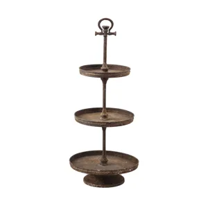Industriële 3-laags verroeste ijzeren plantenstandaard, vintage metalen etagère voor tuin.