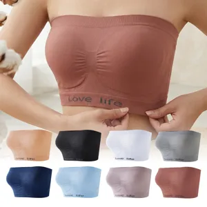 Comfortable strapless bandeau sports bra with breathable one-piece design and letter detail.