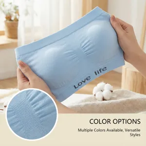 Detail view of light blue seamless strapless sports bra with soft breathable knitted fabric.