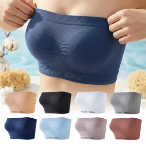 Seamless strapless sports bra for women, comfortable breathable tube top with letters design.