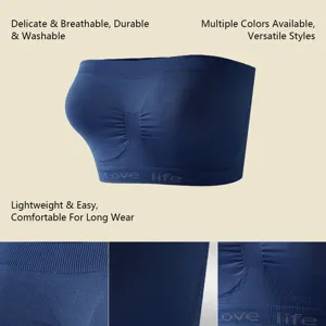 Closeup details of the seamless blue bandeau bra showing breathable knit fabric texture.