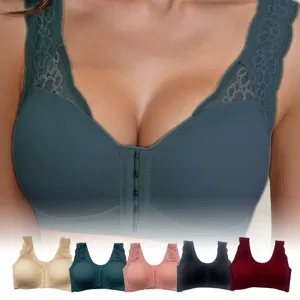 Comfortable wireless lace front closure bra with supportive wide straps in multiple colors.