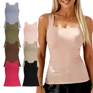 Close-up detail view of the soft square neck tank top with built-in pads in multi colors.