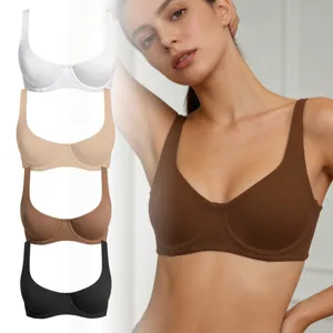 Dettaglio reggiseno con ferretto comodo, spalline larghe e coppe lisce non imbottite in vari colori.