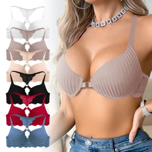 Detail view of front closure push up bra with lace backless design and multi colors.