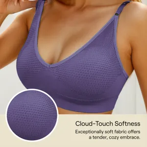 Detail view of breathable purple seamless wireless bra with soft fabric texture zoom.