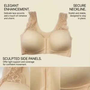 Seamless wireless front-closure bra with delicate lace details and supportive sculpted side panels.