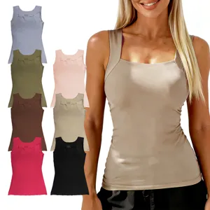 Women's square neck sleeveless ribbed tank top with built-in padding for daily comfort.