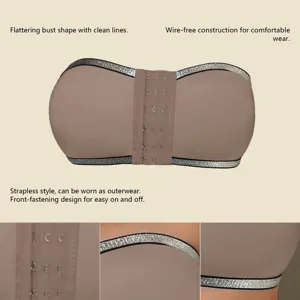 Trägerloser bügelloser Bandeau-BH mit Glitzerbesatz und Frontverschluss für bequemes Tragen.