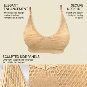 Close-up of seamless wireless bra showing textured mesh fabric and supportive side panels.