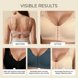 Front-closure wireless lace vest bra featuring breathable fabric and comfortable daily support.