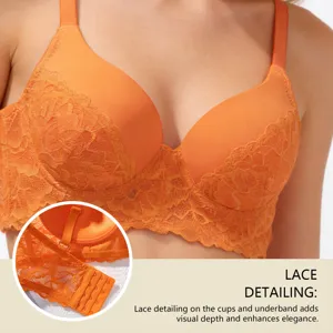 Orange lace push-up bra featuring delicate lace detailing on cups and underband for elegance.